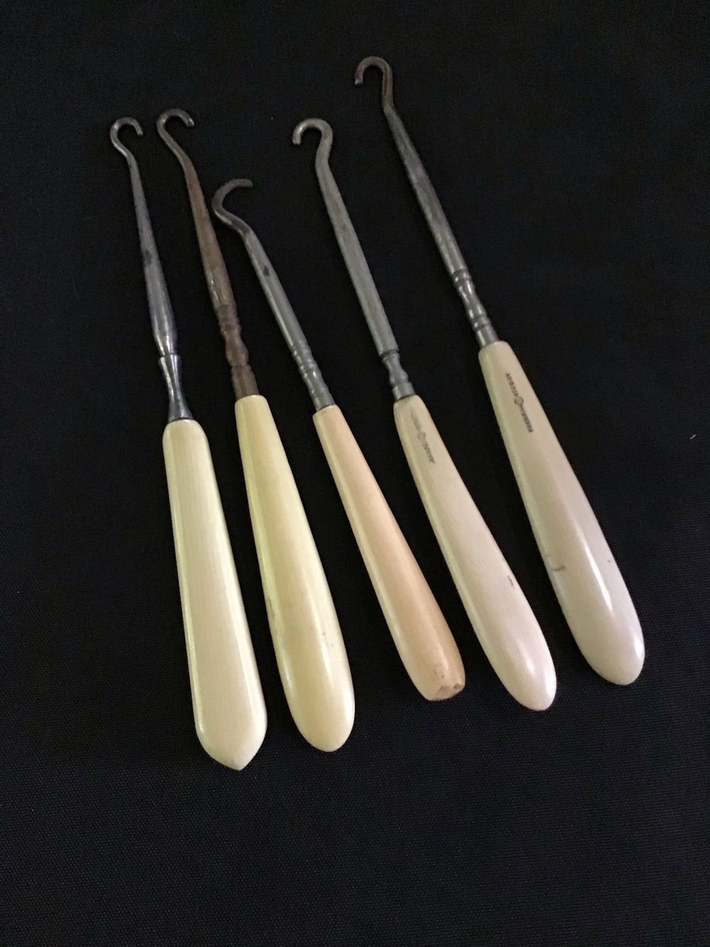 Set of 5 Antique Button Hooks in Ivory Handles